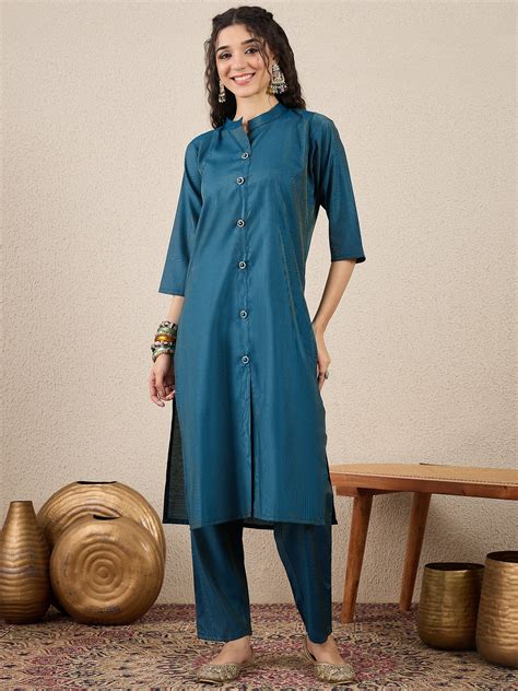Binita Teal Blue Silk Blend Women Ethnic Suit Sets – VredeVogelStore