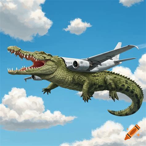 A crocodile combined with an airplane flying through a cloudy blue sky ...