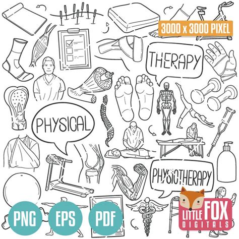 PHYSICAL THERAPY Doodle Vector Icons. Terapist Center Care Healthy ...