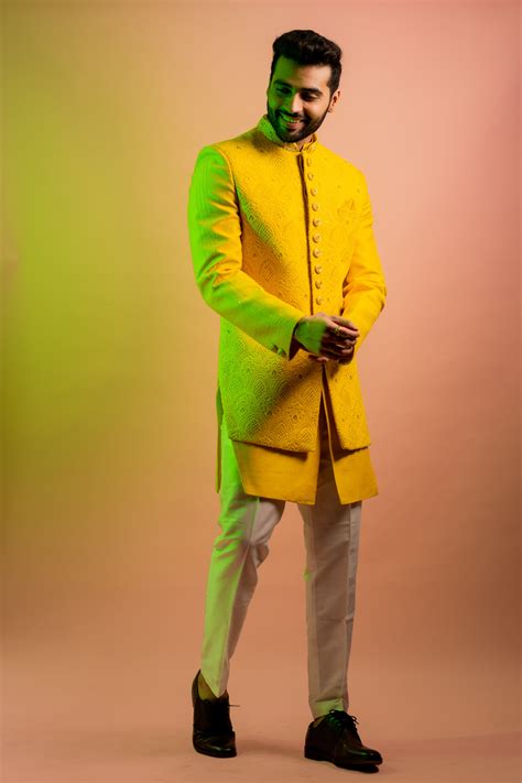 Yellow Lucknowi Indo Western Set with Churidar | Shreeman