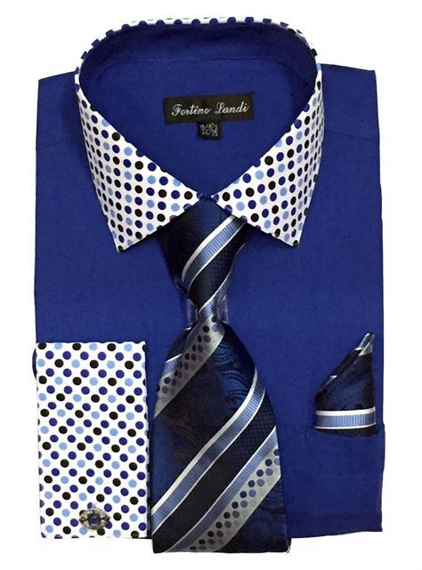 Mens Blue Dress Shirt Tie Combo Set White Collar Handerskerchief ...