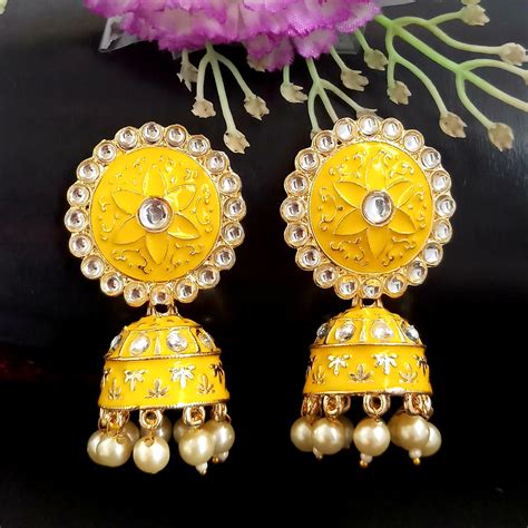 PARSHWAM Yellow Glossy Meenakari Pearl Drop Jhumki – JewelEMarket