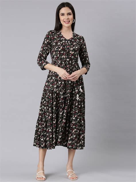 Neerus Black Curved Casual Floral Maxi Dresses – Neerus India