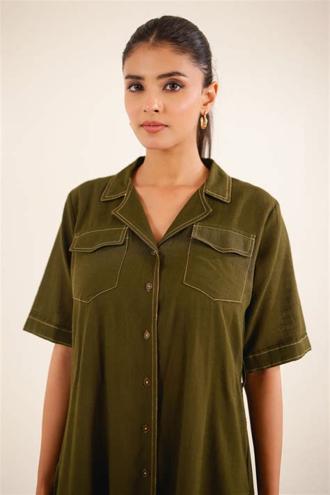 Olive Green front open button down Dress – TATWA