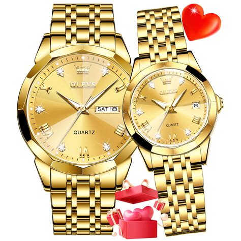 OLEVS Watch Set for Couple Analog Quartz Luxury Diamond Stainless Steel ...