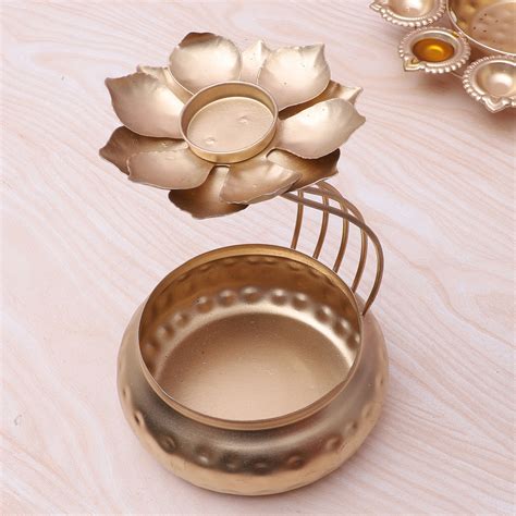 Metal Lotus Diya Over Urli Bowl Showpiece, Urli Bowl for Home Decor ...