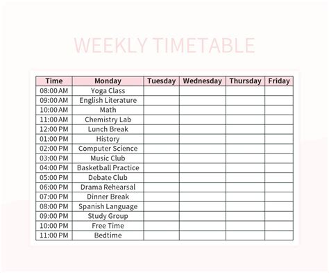 Image result for Weekly Timetable Template Excel