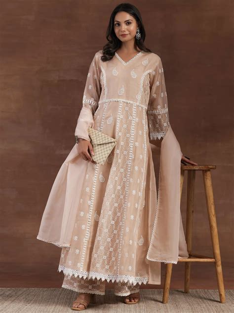 Buy Nude Embroidered Organza A-Line Kurta With Palazzos & Dupatta ...
