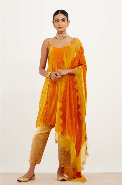 Devnaagri - Saffron Zari Embroidered Velvet Salwar Set