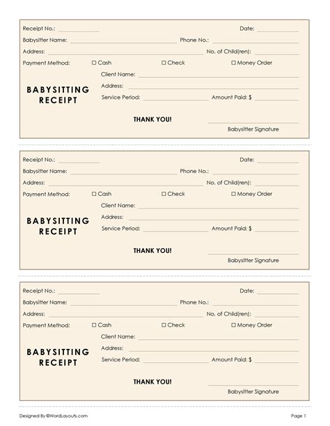 Free Babysitting (Nanny) Receipt Templates - WordLayouts