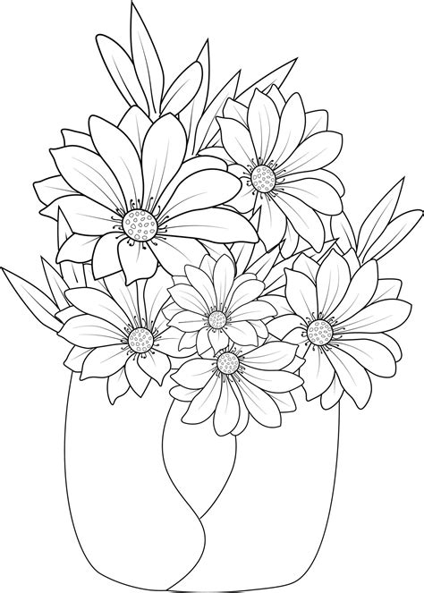 Daisy flower drawing hand draw flower vase illustration, vector sketch ...