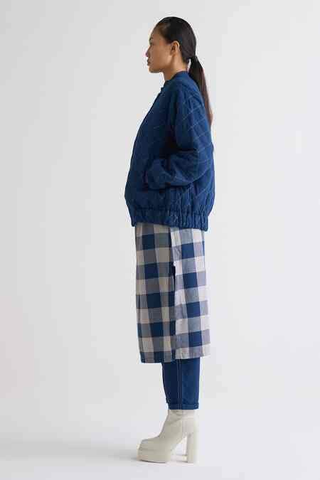 Buy Blue Melange Round Bomber Jacket And Checkered Pattern Tunic Set ...