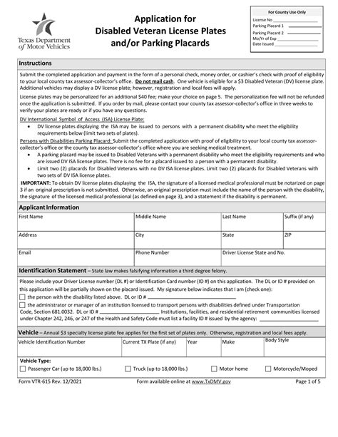TxDMV VTR-615 - Application for Disabled Veteran License Plates and ...