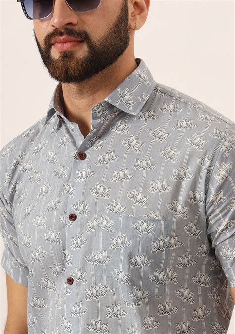 Grey Printed Pure Cotton Regular Fit Casual Shirt for Men