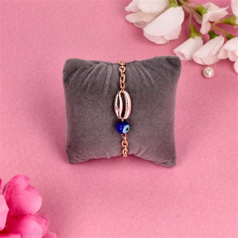 Rose Gold Toned Evil Eye and Cowrie Shell Charm Link Bracelet - SIA451 ...