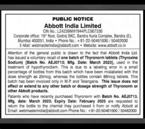 Telangana takes steps to recall mislabelled batch of Thyronorm tablets ...