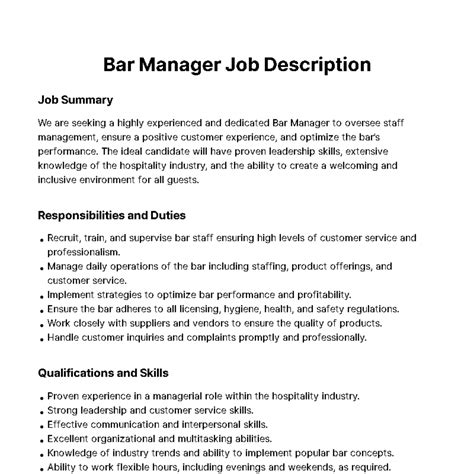 Bar Manager Job Responsibilities at Adam Curtis blog