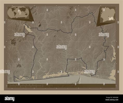 Lagunes, district of Cote d'Ivoire. Elevation map colored in sepia ...