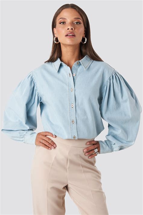 Puff Sleeve Denim Shirt Blue | NA-KD