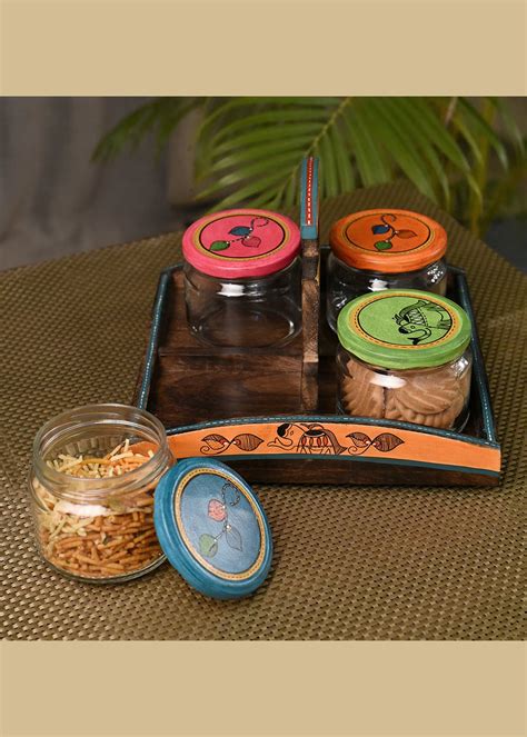 Get Glass & Mango Wood Carving Jars With Stand- Set Of 4 at ₹ 2399 ...