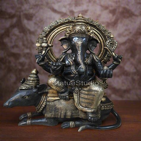 Brass Ganesha Statue Seated On Rat Antique Finish For Home Showpiece 1. ...