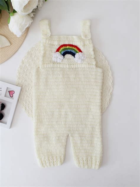 Woonie Crochet Rainbow Applique Dungaree - Cream
