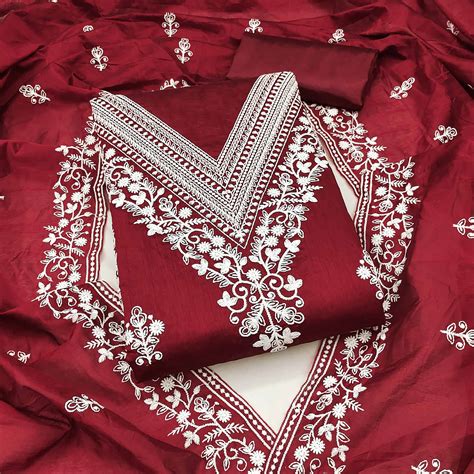 Traditional Pink Chanderi Silk Suit Fabric with Embroidered Floral Pat