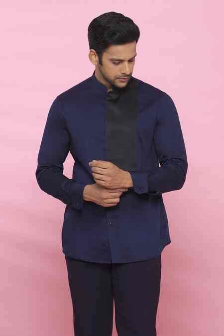 Buy Blue Cotton Plain Mandarin Collar Shirt For Men by Aces by Arjun ...