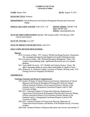 Fillable Online CURRICULUM VITAE University of Idaho NAME Fax Email ...