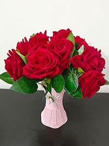 Buy DN Enterprises Velvet Faux Roses Artificial 6 Red Rose Flower ...