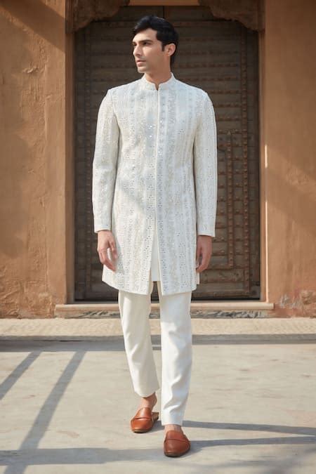 Buy Ivory Tussar, Silk Embroidery, Daniell Chikankari Sherwani With ...