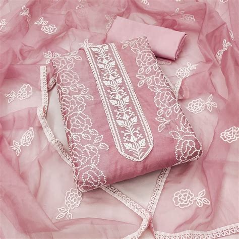 Pink Floral Embroidered Chanderi Dress Material