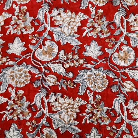 ( PRE-CUT 1.80 CM ) Pure Cotton Jaipuri Red And White And Grey Jungle ...