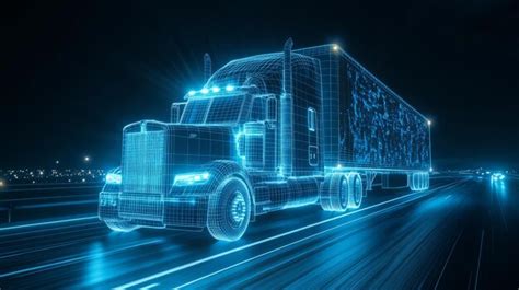 Autonomous semi truck with cargo trailer drives at night on the road ...