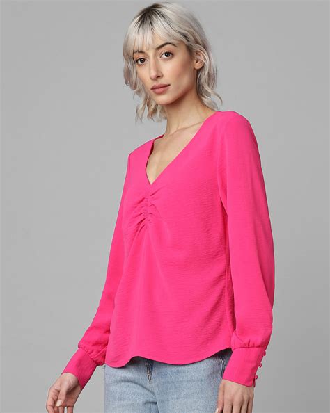 Fuchsia V-Neck Gathered Top