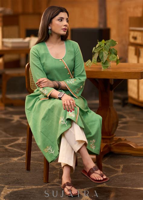 Pretty Pista green cotton asymmetrical kurta with embroidery Pant opti ...