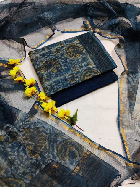 Pure Cotton Hand Block Printed Kota Doria Unstitched Salwar Suit ...