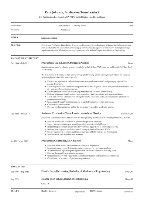 Full Guide: Production Team Leader Resume | 12 Examples