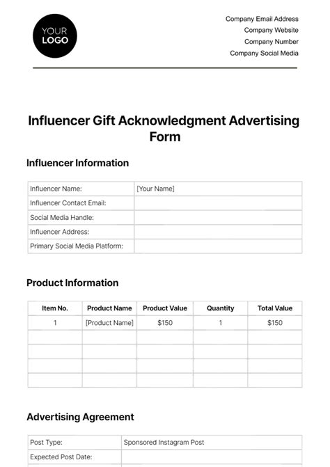 Free Influencer Gift Acknowledgment Advertising Form Template to Edit ...