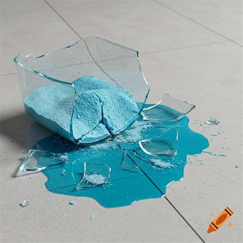 Photorealistic image of a broken glass container spilling blue powder ...