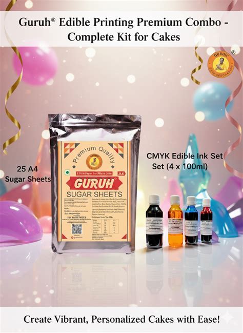 Guruh® Edible Printing Combo – 25 Sugar Sheets + 4 CMYK Inks