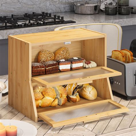 Amazon.com: Large Bread Box Double Layer Bamboo Bread Box for Kitchen ...