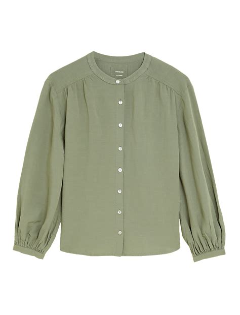 Buy Linen Blend Collarless Long Sleeve Blouse at Marks & Spencer