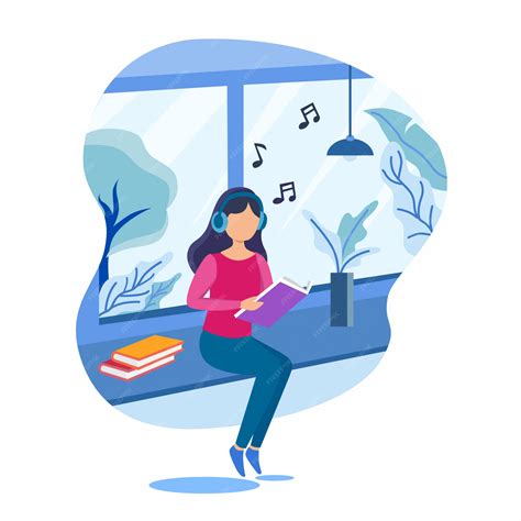 Girl at home reading book while listening music | Premium Vector