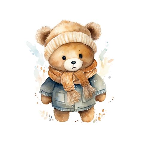 Cozy watercolor teddy bear in hat and scarf adorable illustration ...