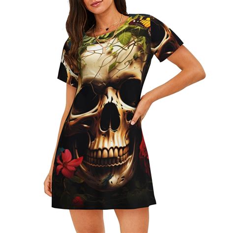 Coaee Butterfly Flower Plant Skull for Women's Short-sleeved Nightdress ...