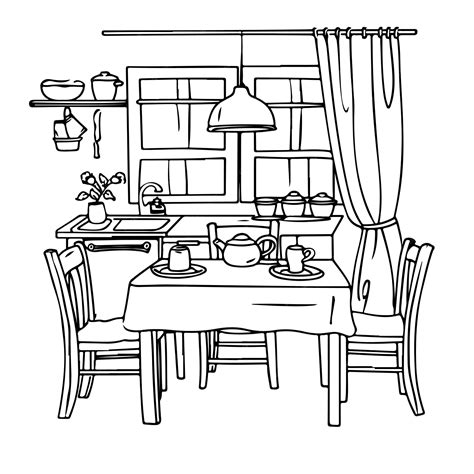 Premium Vector | Black and white vector cartoon drawing of dining room