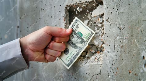 Hand Punching Through Concrete Wall with Dollar Bill | Premium AI-generated image
