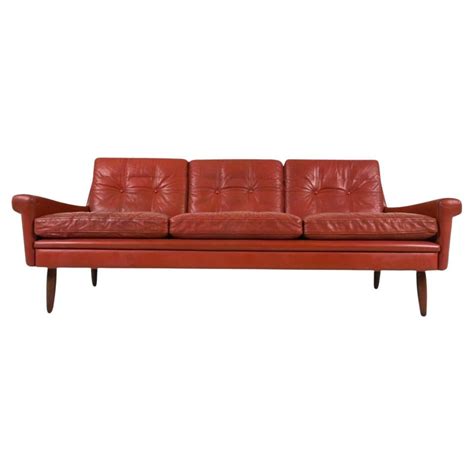 Mid century Danish modern red leather 3 seat sofa For Sale at 1stDibs