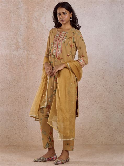 Mustard Yoke Embroidered Kurta Set with Dupatta – Imara